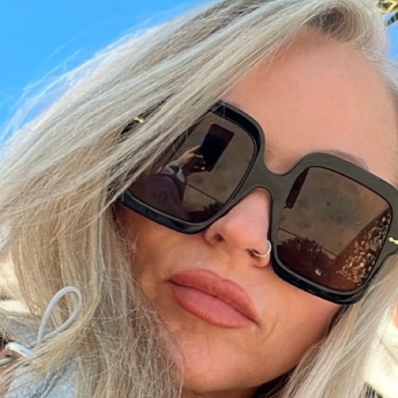 Gucci Black Oversized Sunglasses With Gold Accents And White Trim Out Of Stock